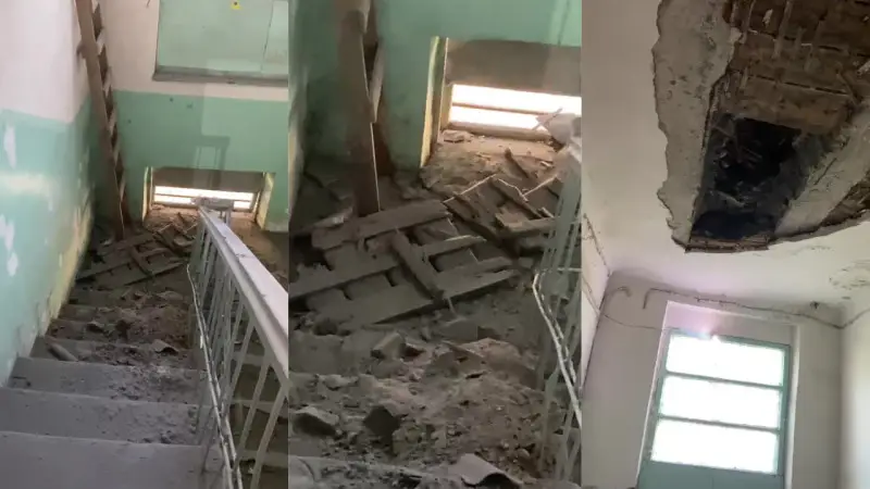 Обрушение потолка в двухэтажном доме Актобе: кирпичи и штукатурка на лестничной клетке Актобе
