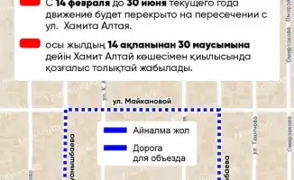 В Алматы временно перекроют участок улицы Серикова с 14 февраля по 30 июня из-за ремонтных работ
