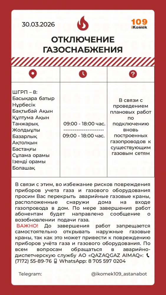 Временное отключение газа в домах Астаны: жители должны подготовиться к возможным неудобствам Актобе