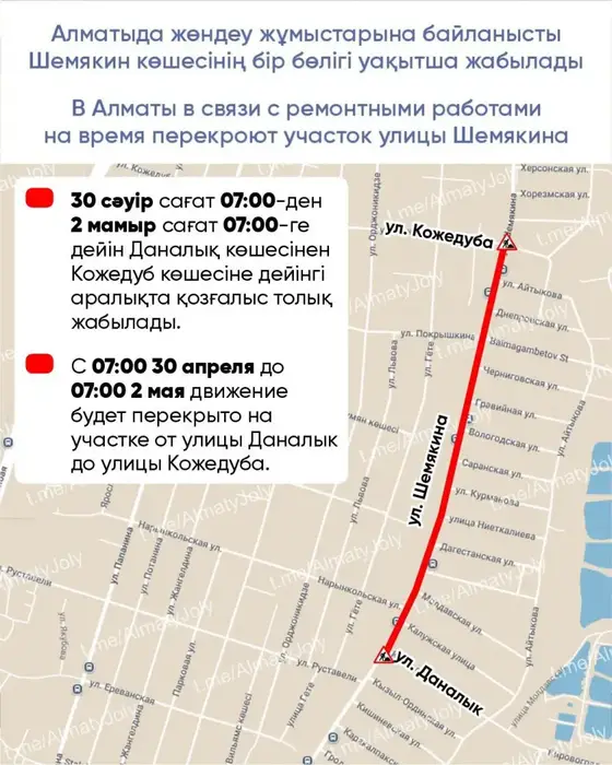 Перекрытие улицы Шемякина в Алматы Актобе