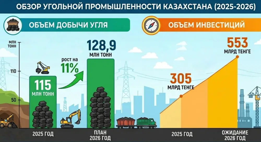 Казахстан увеличивает добычу угля до 115 млн тонн к 2025 году с планами на 128,9 млн тонн в 2026 году и привлечением 553 млрд тенге инвестиций. Актобе